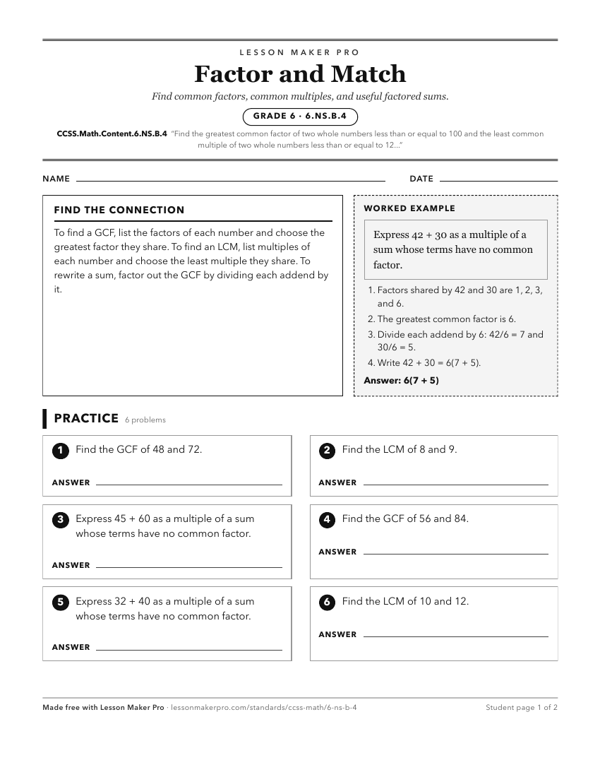 Preview of the CCSS.Math.Content.6.NS.B.4 printable worksheet