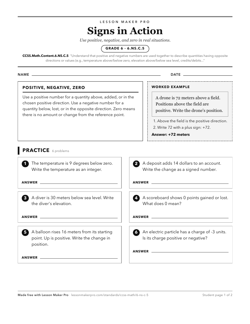 Preview of the CCSS.Math.Content.6.NS.C.5 printable worksheet