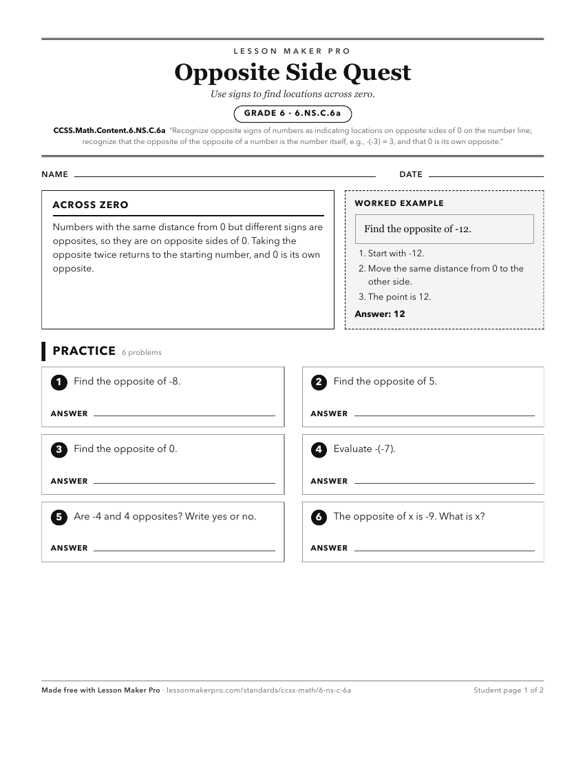 Preview of the CCSS.Math.Content.6.NS.C.6a printable worksheet