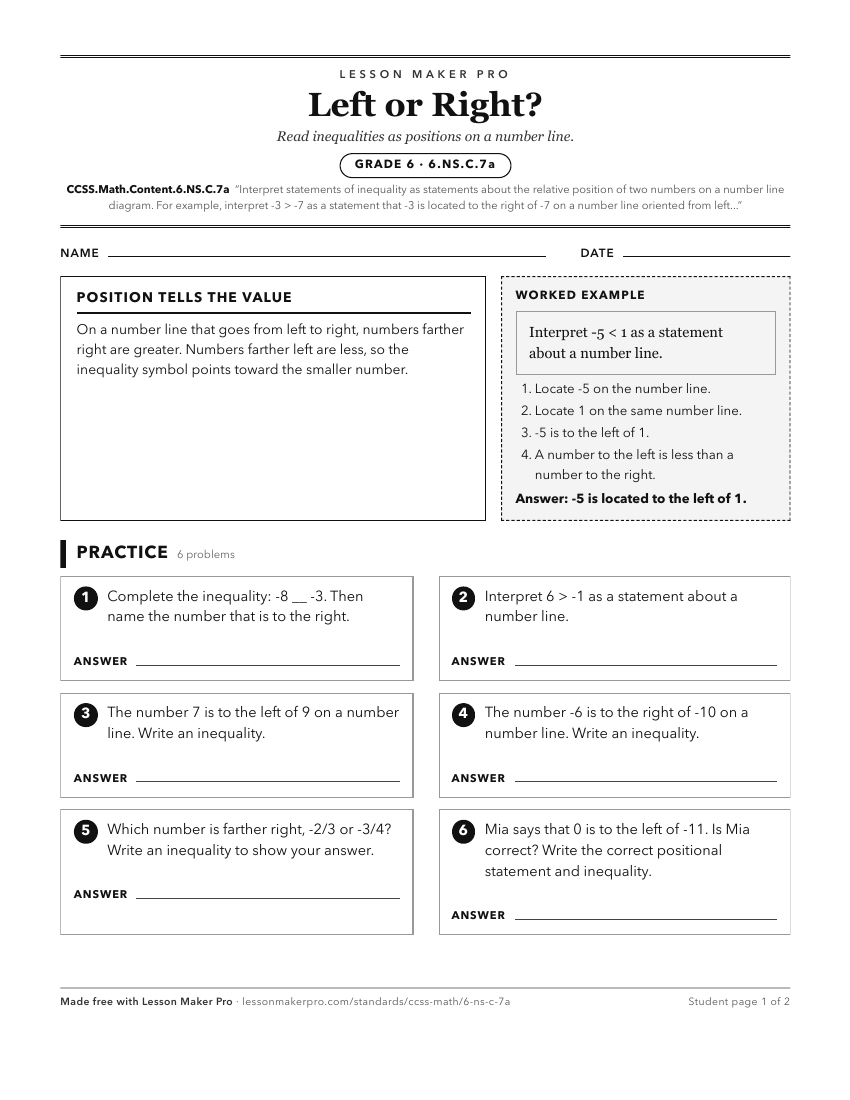 Preview of the CCSS.Math.Content.6.NS.C.7a printable worksheet