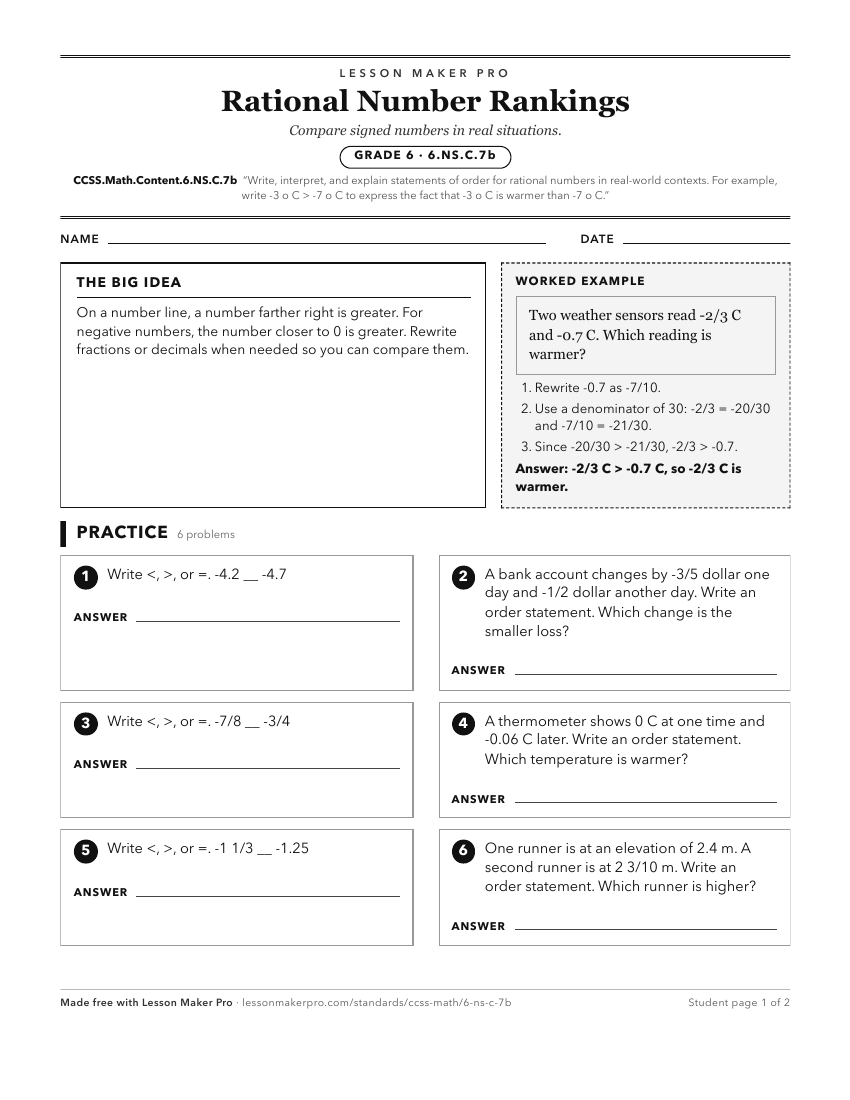 Preview of the CCSS.Math.Content.6.NS.C.7b printable worksheet