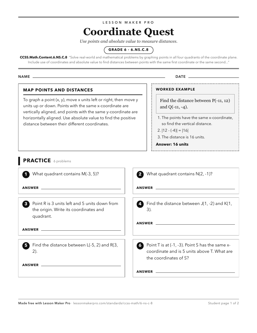 Preview of the CCSS.Math.Content.6.NS.C.8 printable worksheet