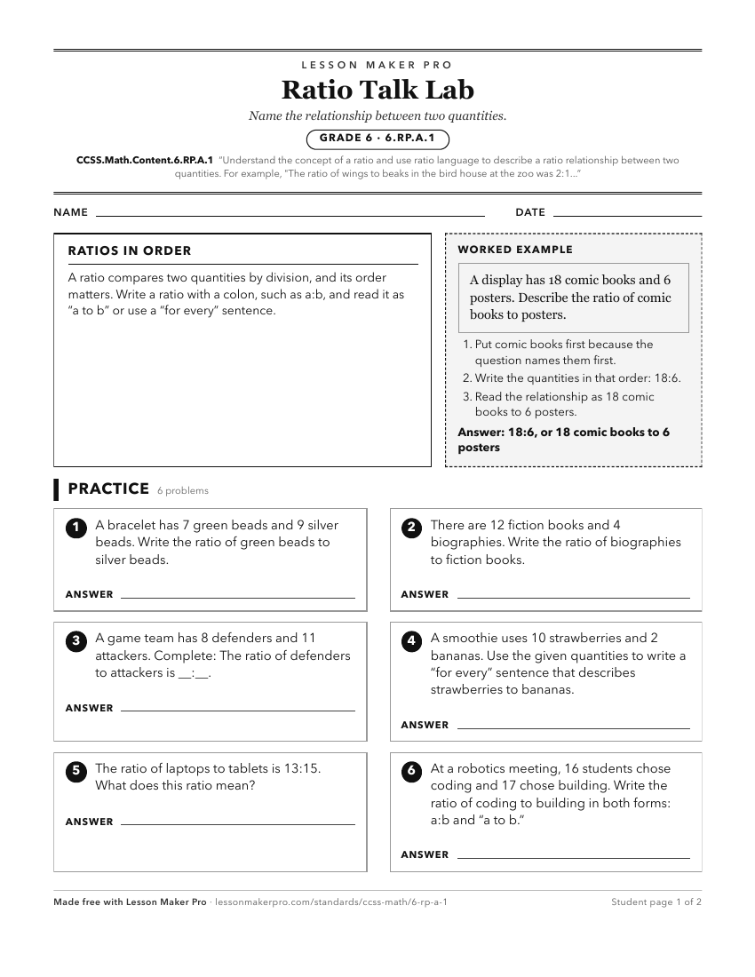 Preview of the CCSS.Math.Content.6.RP.A.1 printable worksheet