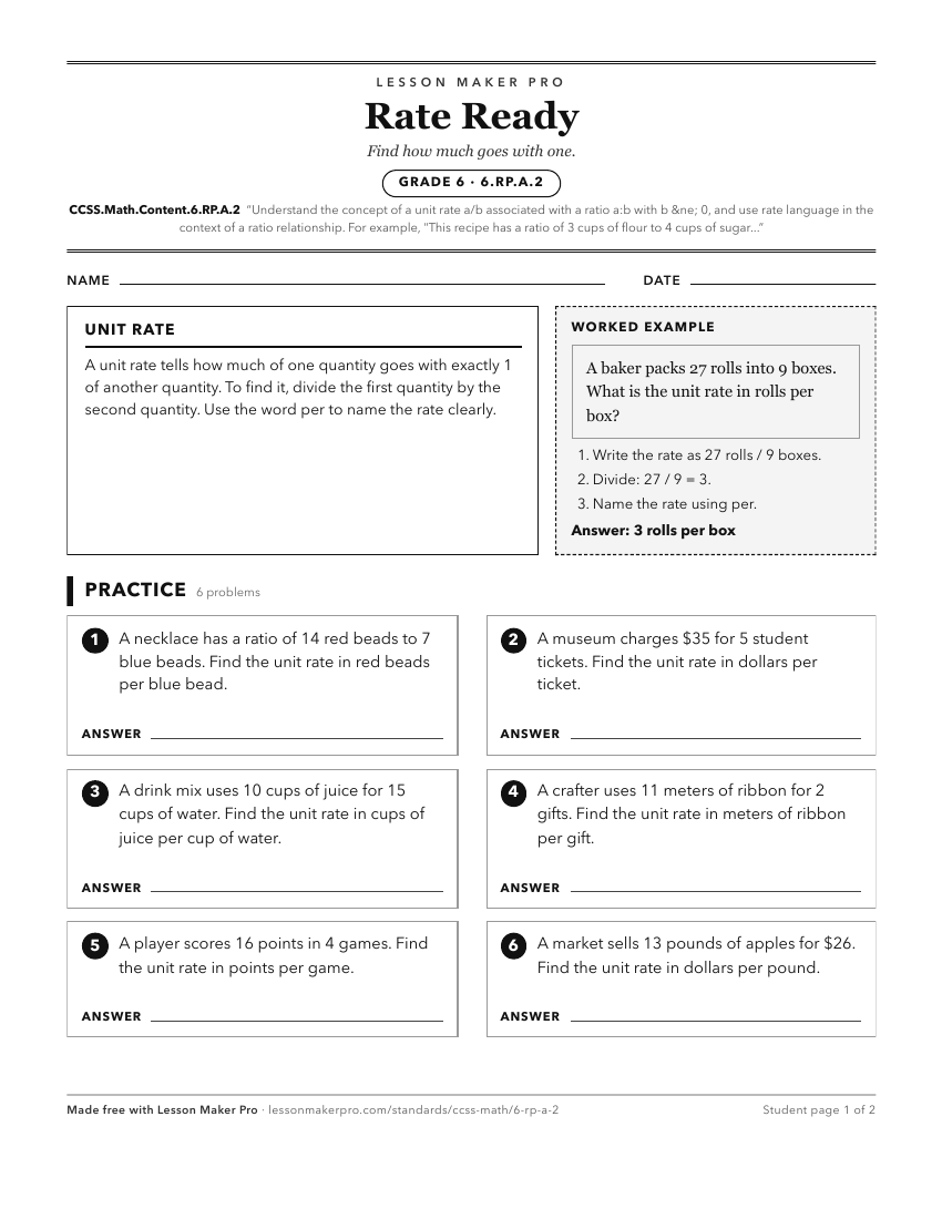 Preview of the CCSS.Math.Content.6.RP.A.2 printable worksheet
