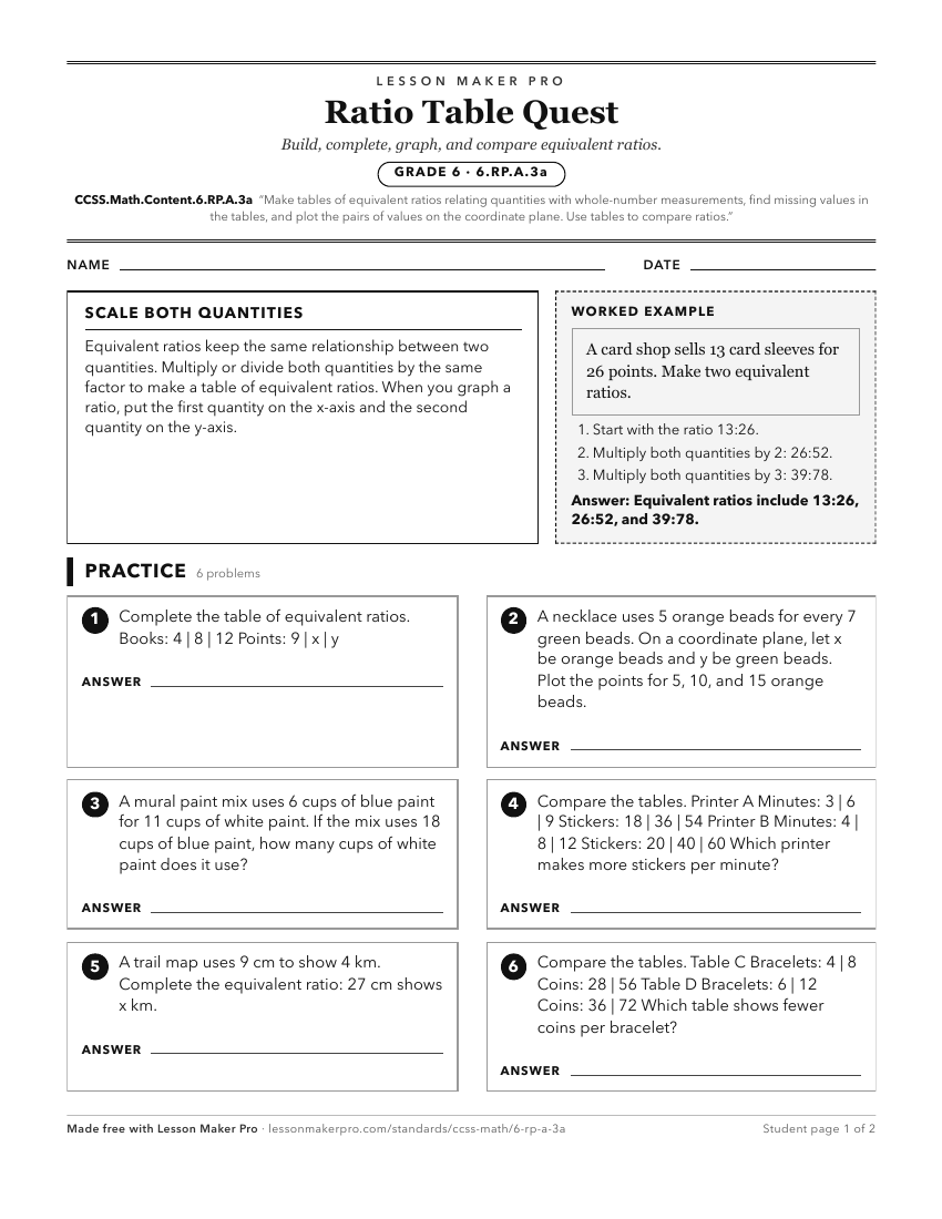 Preview of the CCSS.Math.Content.6.RP.A.3a printable worksheet