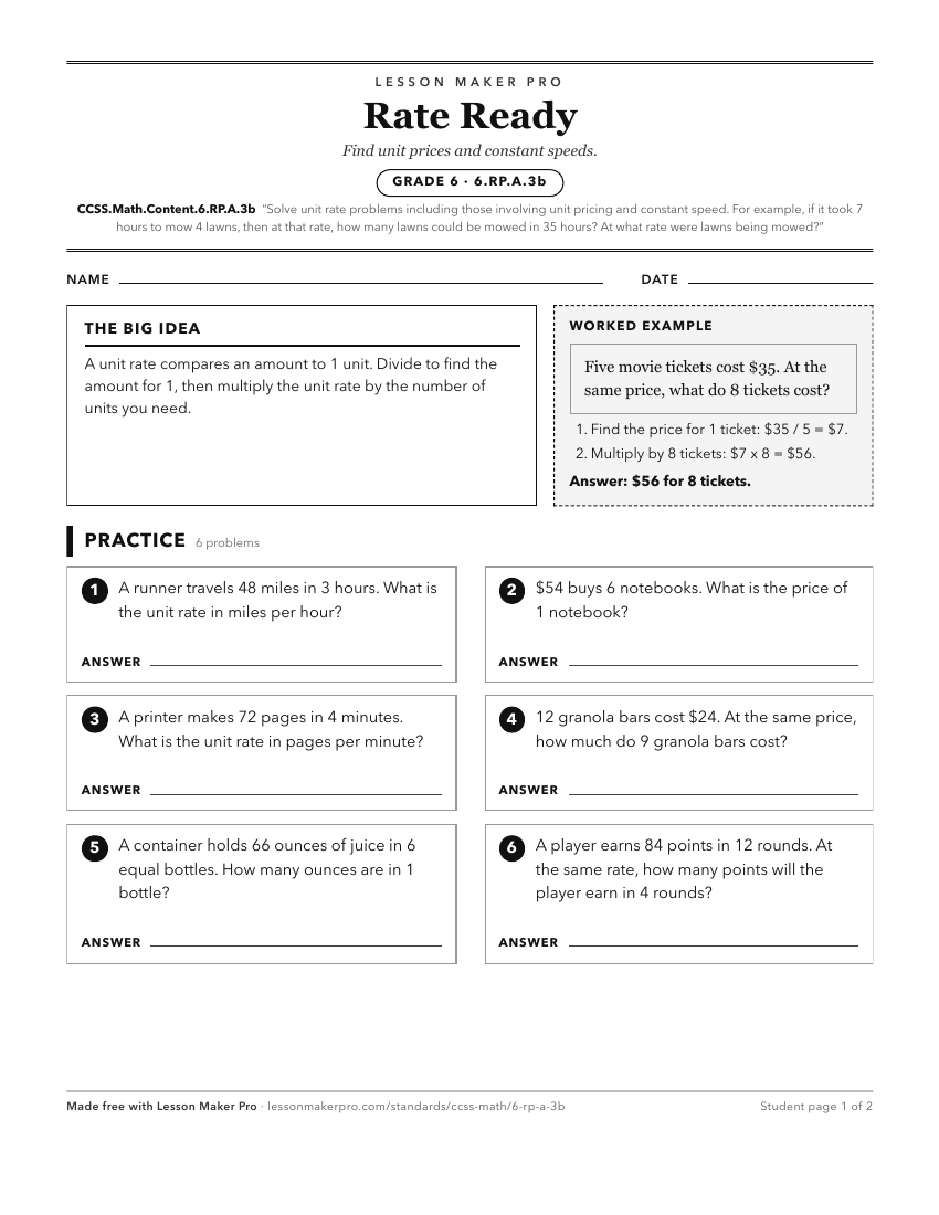 Preview of the CCSS.Math.Content.6.RP.A.3b printable worksheet