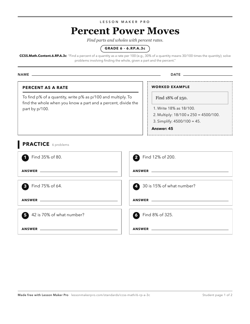 Preview of the CCSS.Math.Content.6.RP.A.3c printable worksheet