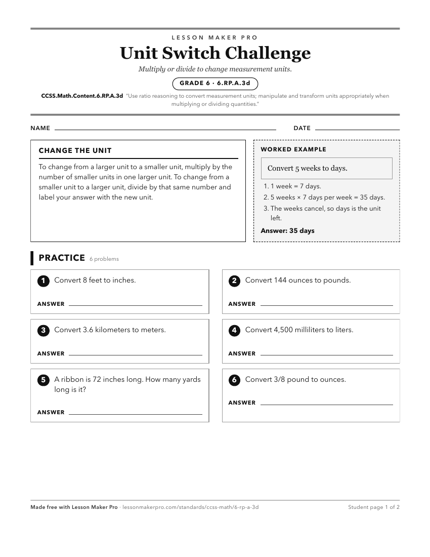 Preview of the CCSS.Math.Content.6.RP.A.3d printable worksheet