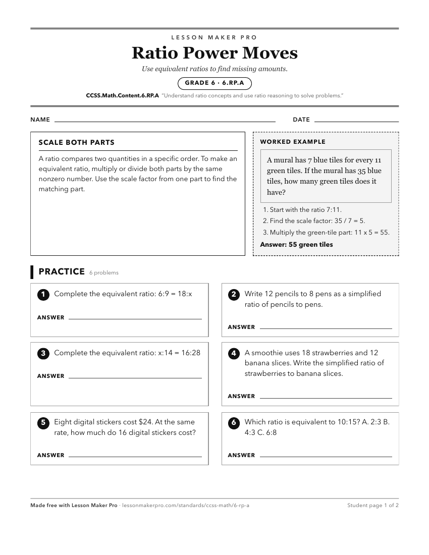 Preview of the CCSS.Math.Content.6.RP.A printable worksheet