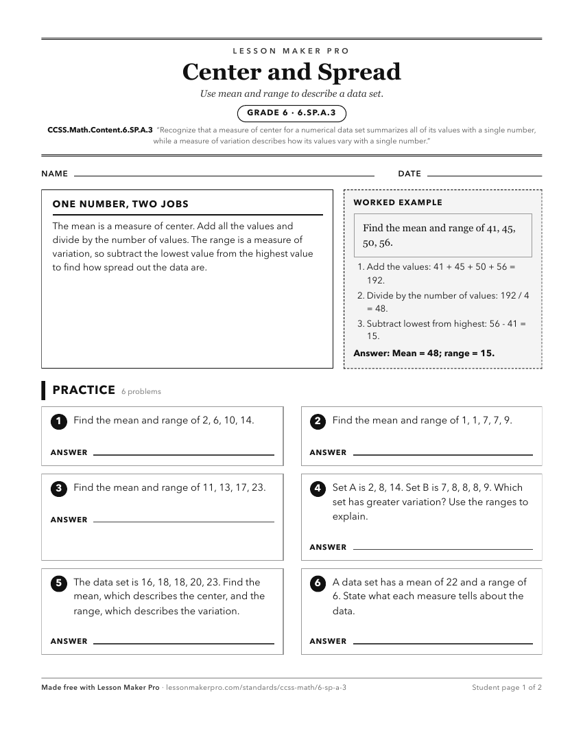 Preview of the CCSS.Math.Content.6.SP.A.3 printable worksheet