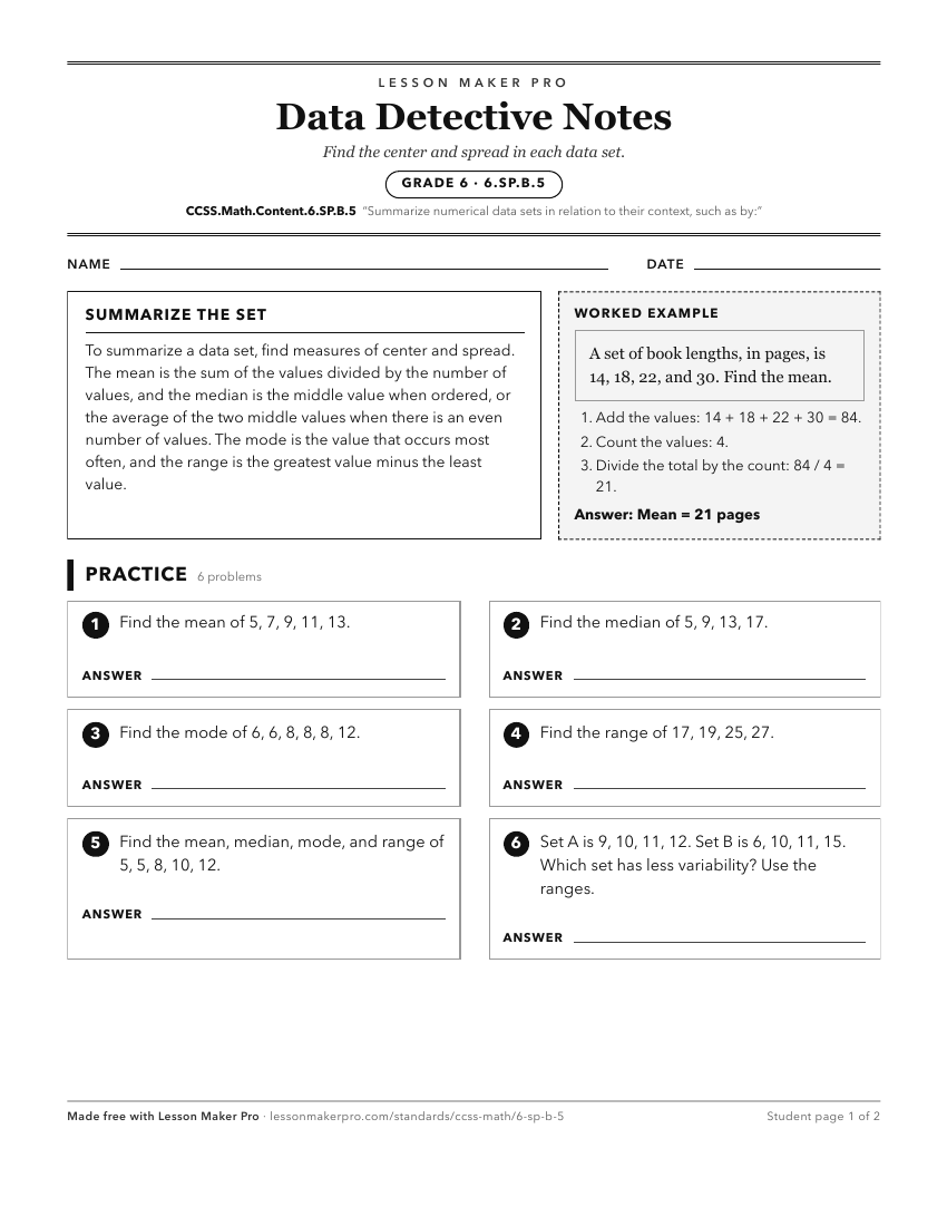 Preview of the CCSS.Math.Content.6.SP.B.5 printable worksheet