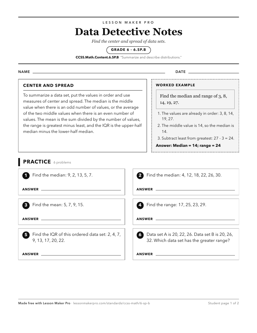 Preview of the CCSS.Math.Content.6.SP.B printable worksheet