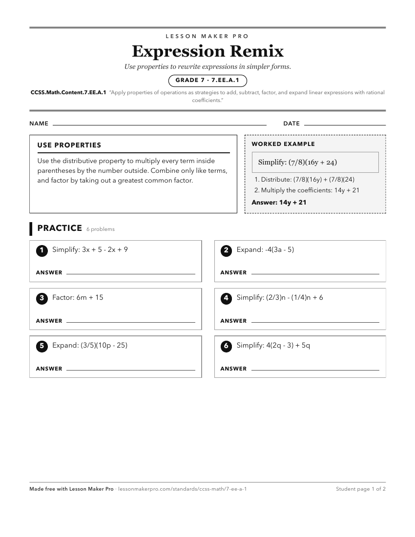 Preview of the CCSS.Math.Content.7.EE.A.1 printable worksheet
