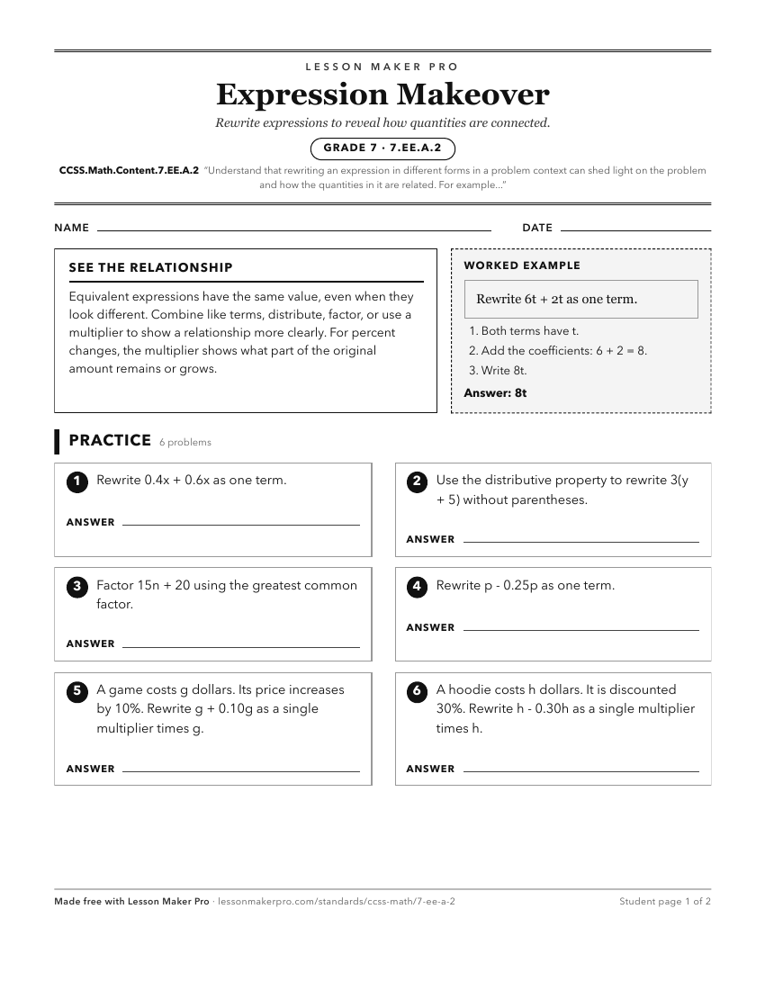 Preview of the CCSS.Math.Content.7.EE.A.2 printable worksheet