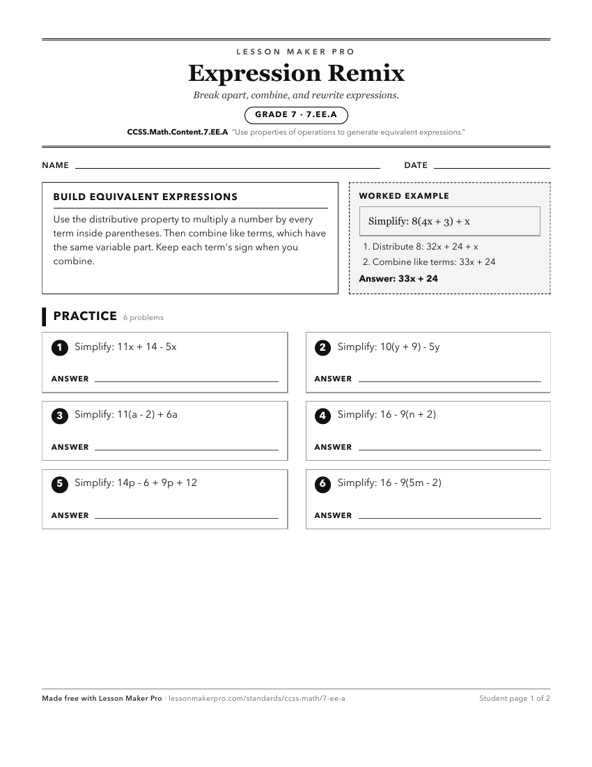 Preview of the CCSS.Math.Content.7.EE.A printable worksheet