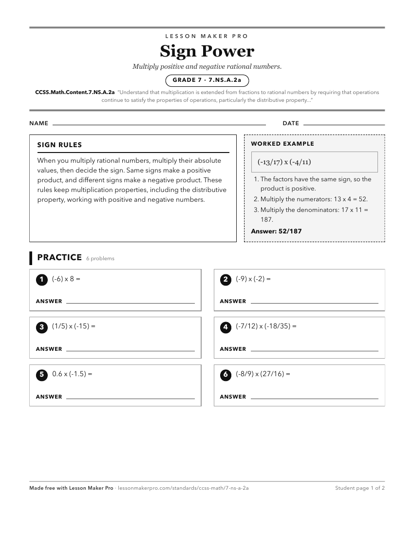 Preview of the CCSS.Math.Content.7.NS.A.2a printable worksheet