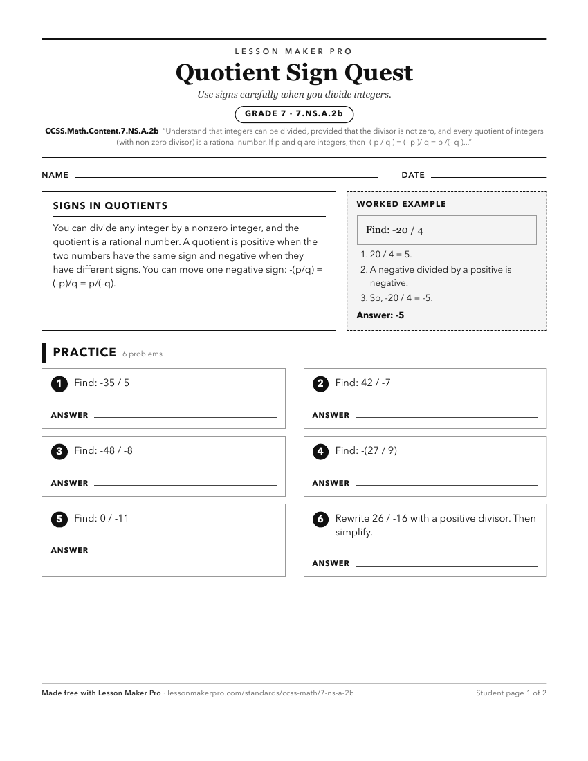Preview of the CCSS.Math.Content.7.NS.A.2b printable worksheet