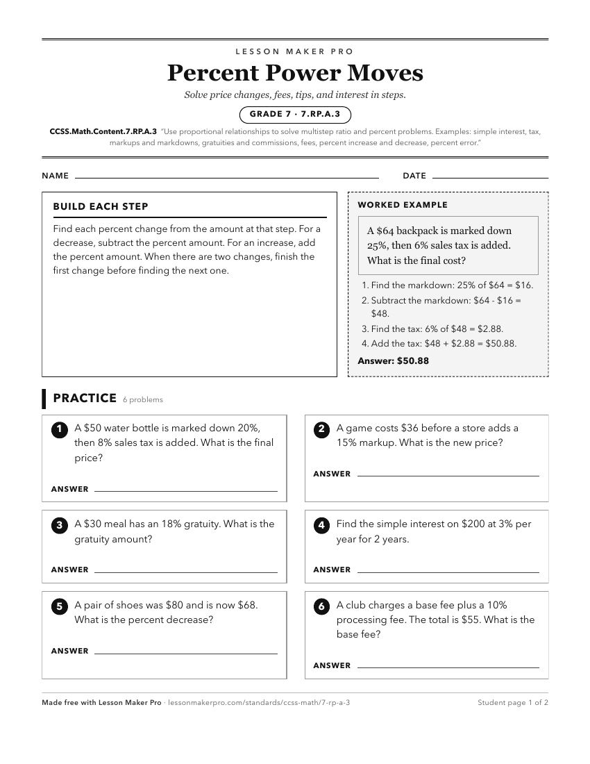 Preview of the CCSS.Math.Content.7.RP.A.3 printable worksheet