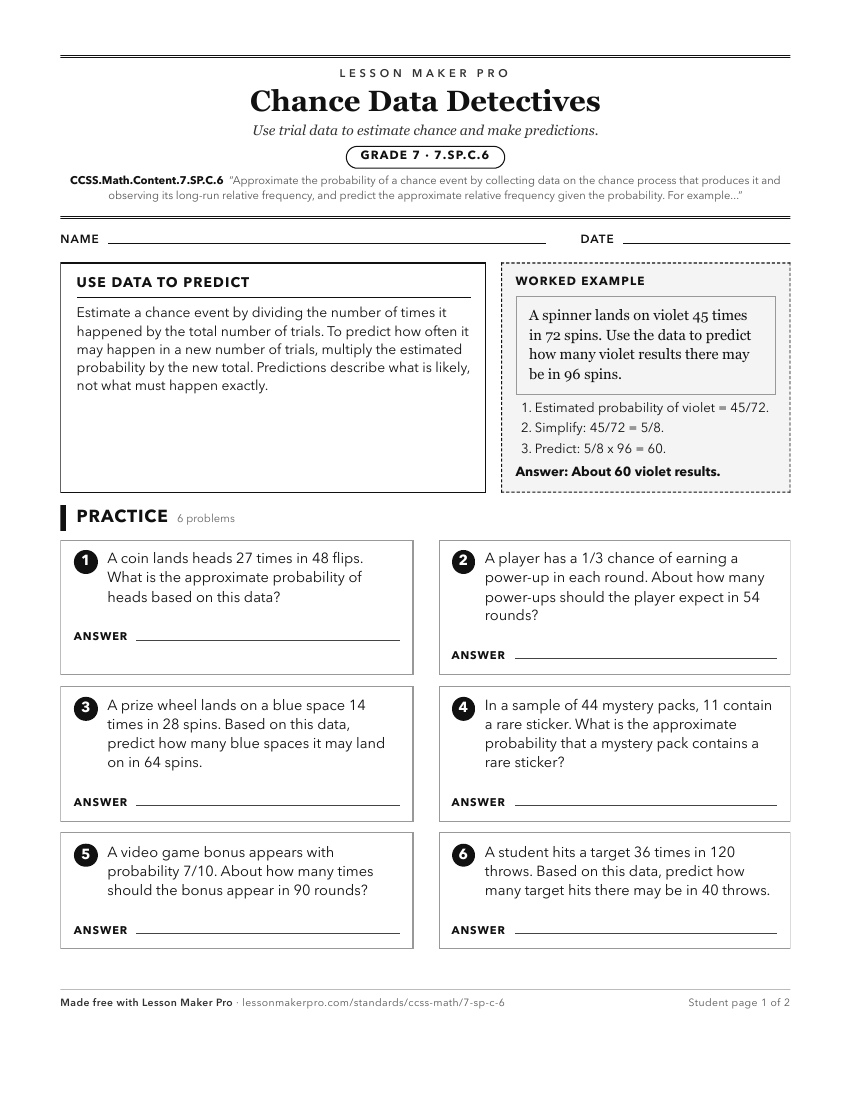Preview of the CCSS.Math.Content.7.SP.C.6 printable worksheet