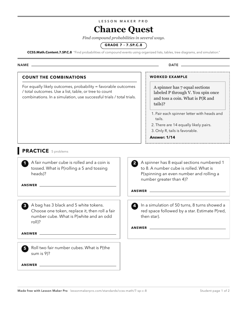 Preview of the CCSS.Math.Content.7.SP.C.8 printable worksheet