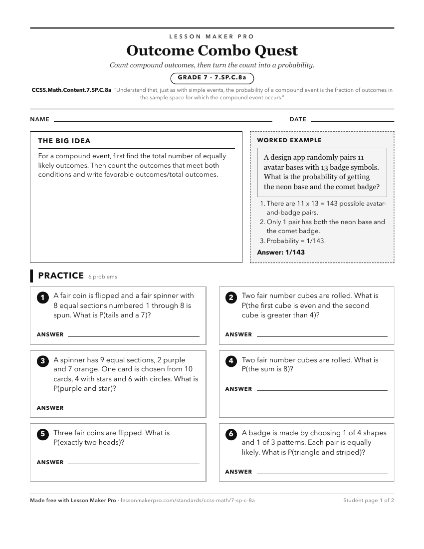 Preview of the CCSS.Math.Content.7.SP.C.8a printable worksheet