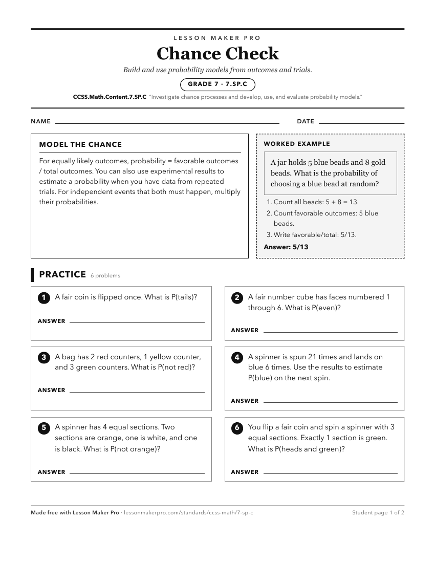 Preview of the CCSS.Math.Content.7.SP.C printable worksheet