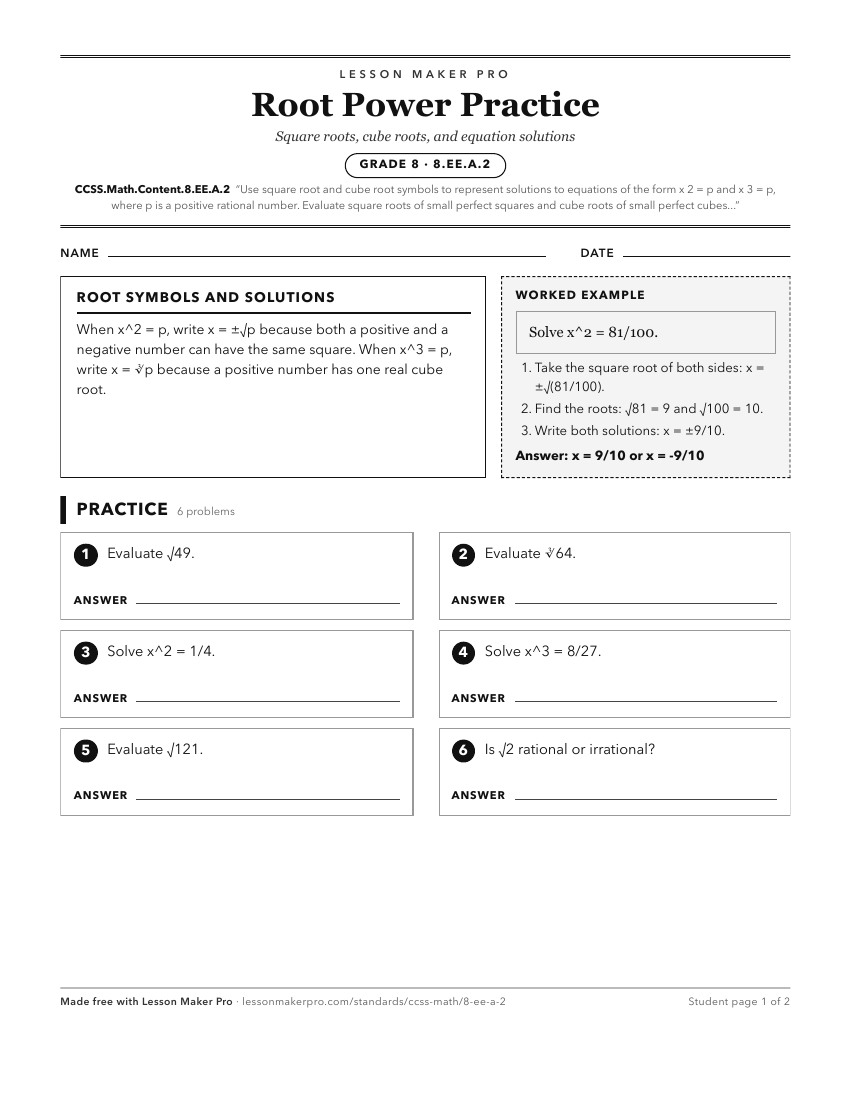 Preview of the CCSS.Math.Content.8.EE.A.2 printable worksheet