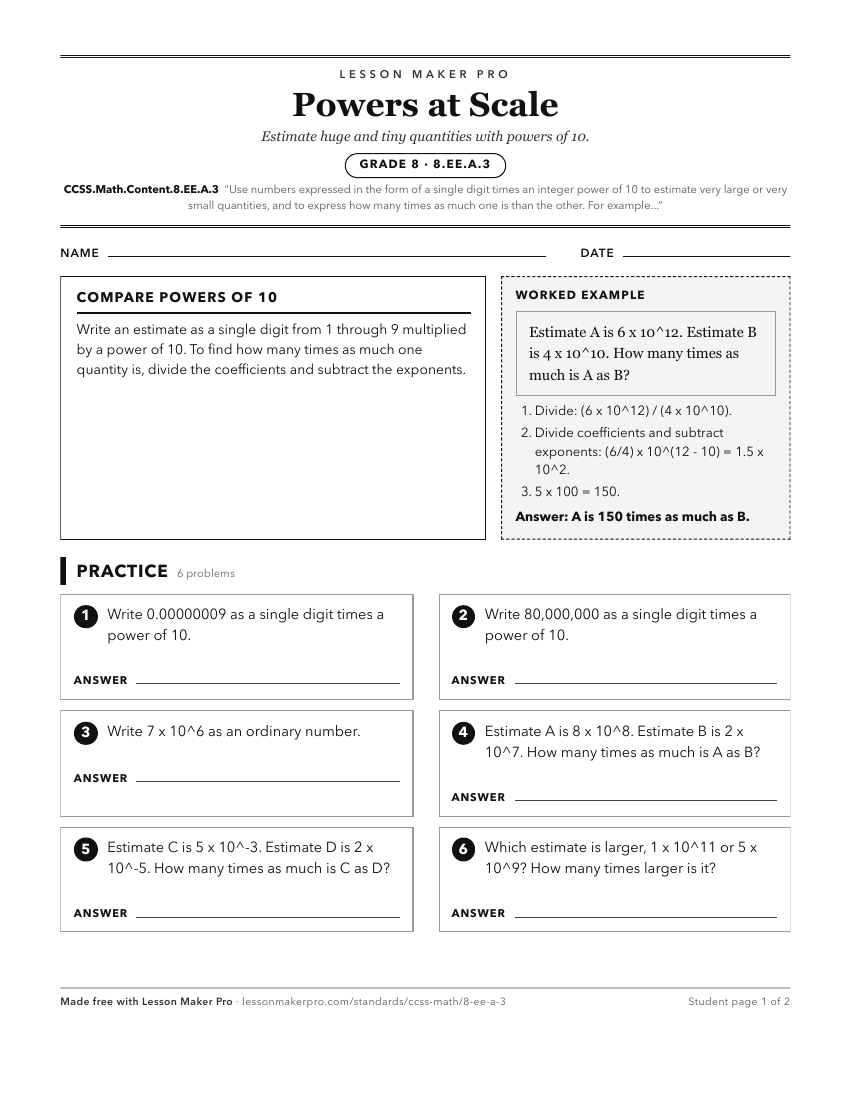 Preview of the CCSS.Math.Content.8.EE.A.3 printable worksheet