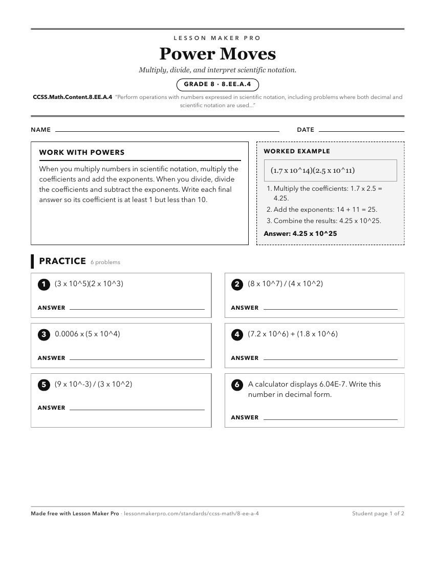 Preview of the CCSS.Math.Content.8.EE.A.4 printable worksheet