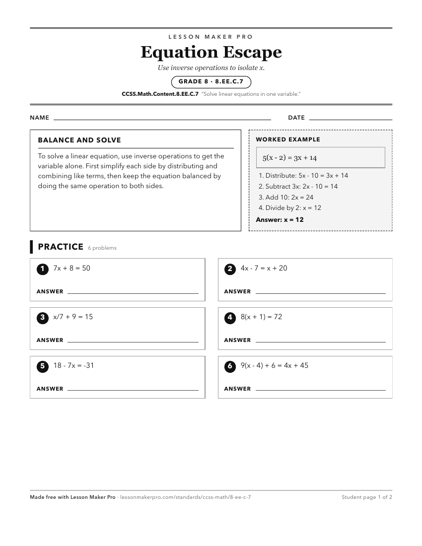 Preview of the CCSS.Math.Content.8.EE.C.7 printable worksheet