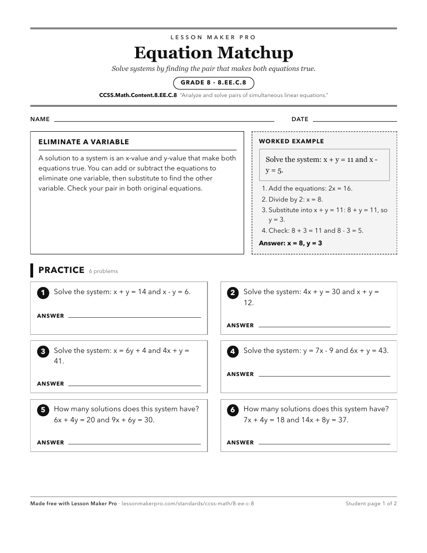 Preview of the CCSS.Math.Content.8.EE.C.8 printable worksheet