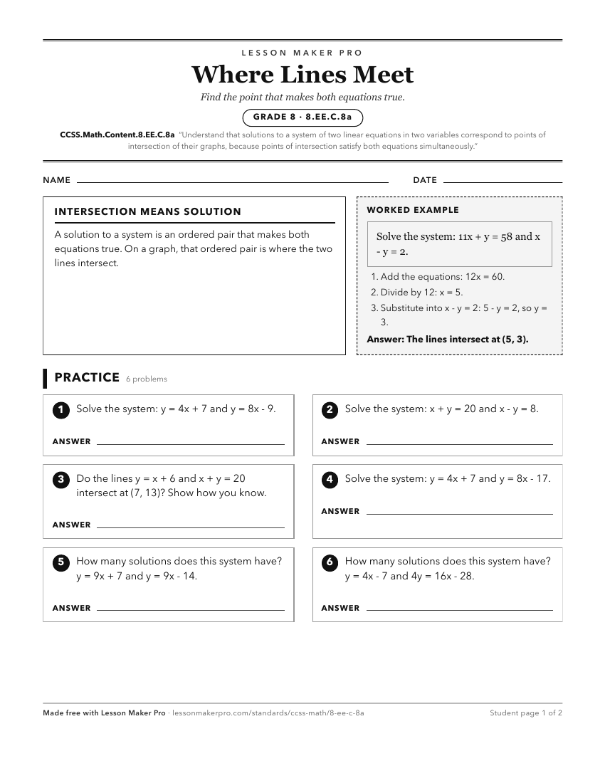 Preview of the CCSS.Math.Content.8.EE.C.8a printable worksheet