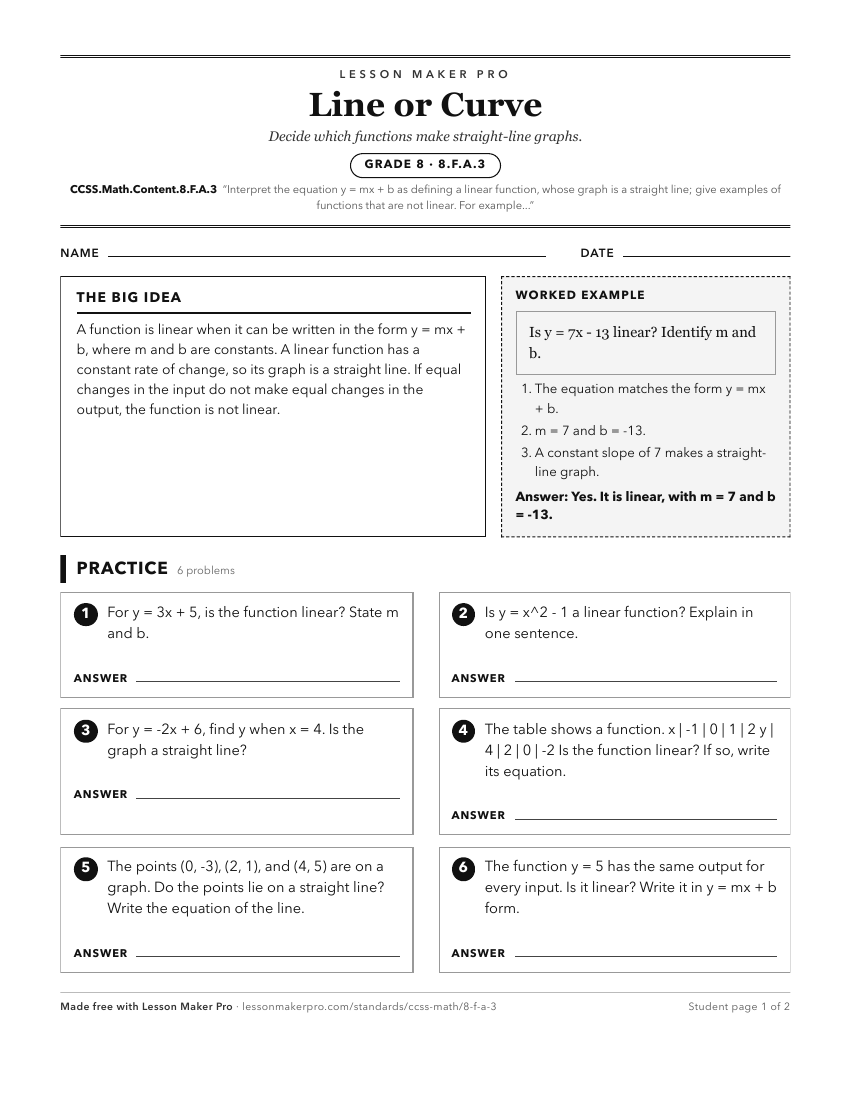 Preview of the CCSS.Math.Content.8.F.A.3 printable worksheet