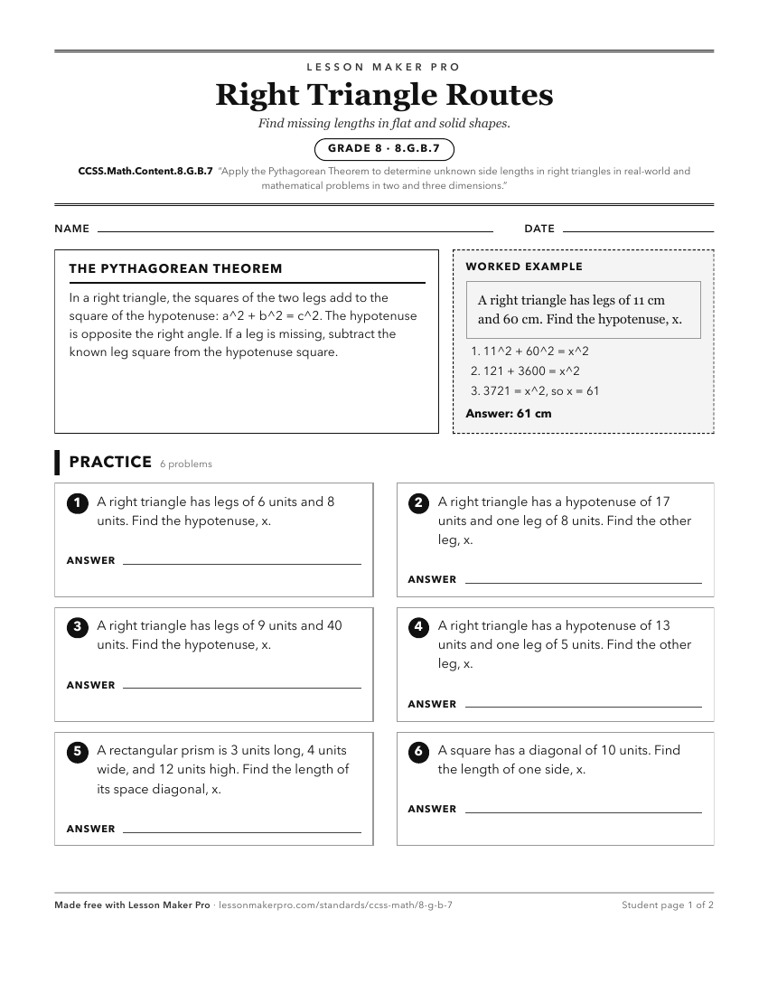 Preview of the CCSS.Math.Content.8.G.B.7 printable worksheet