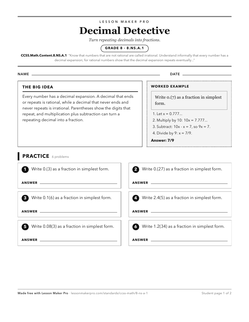 Preview of the CCSS.Math.Content.8.NS.A.1 printable worksheet