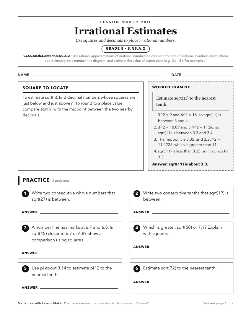 Preview of the CCSS.Math.Content.8.NS.A.2 printable worksheet