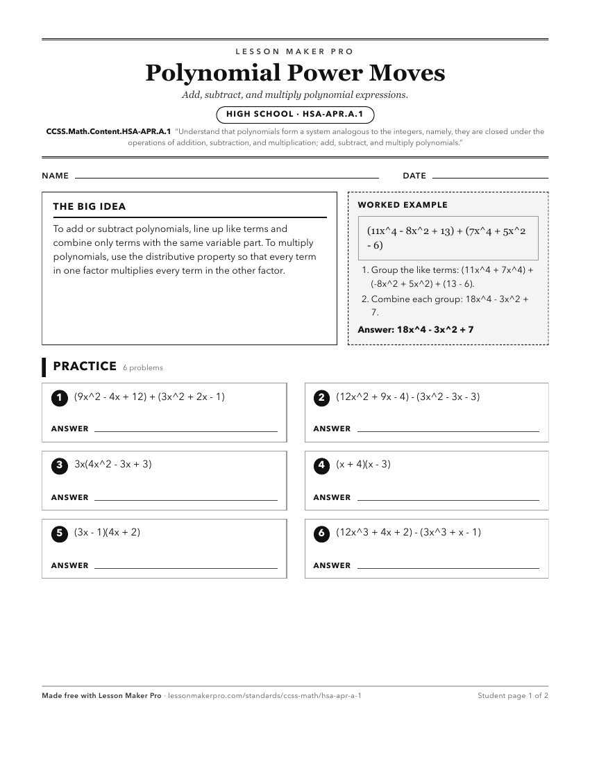 Preview of the CCSS.Math.Content.HSA-APR.A.1 printable worksheet