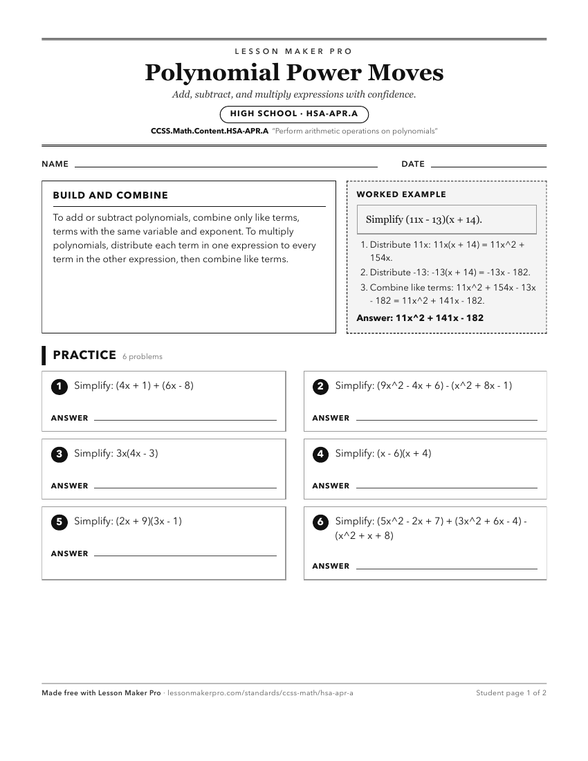 Preview of the CCSS.Math.Content.HSA-APR.A printable worksheet
