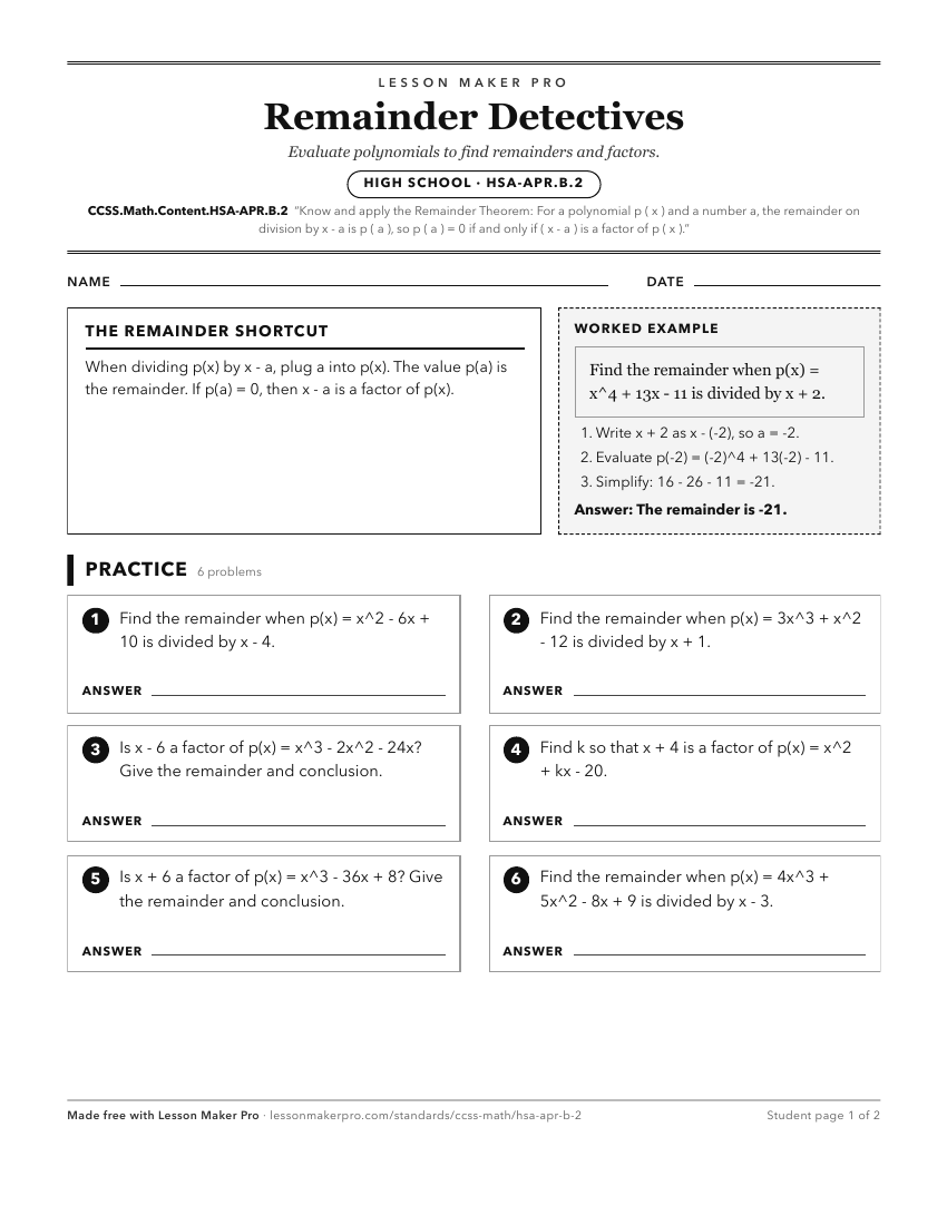 Preview of the CCSS.Math.Content.HSA-APR.B.2 printable worksheet
