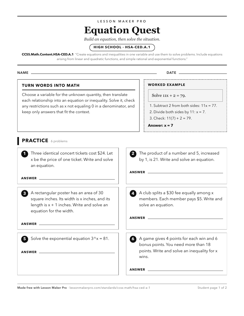 Preview of the CCSS.Math.Content.HSA-CED.A.1 printable worksheet