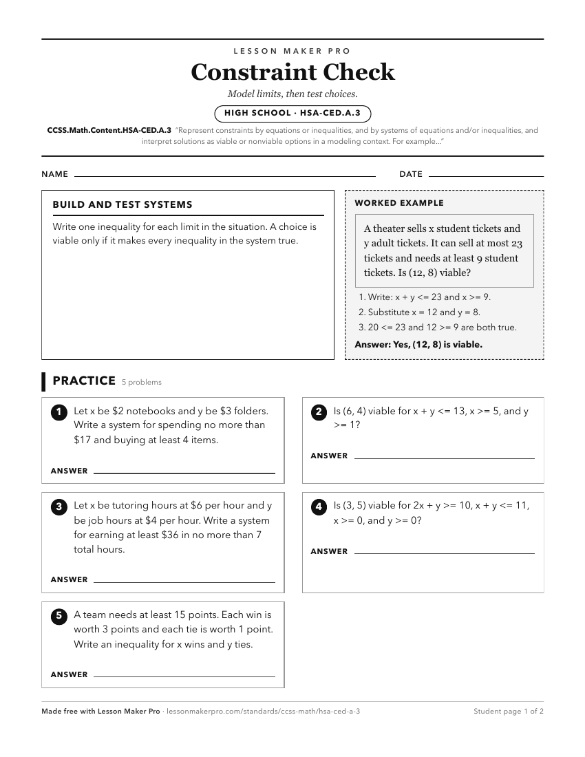 Preview of the CCSS.Math.Content.HSA-CED.A.3 printable worksheet
