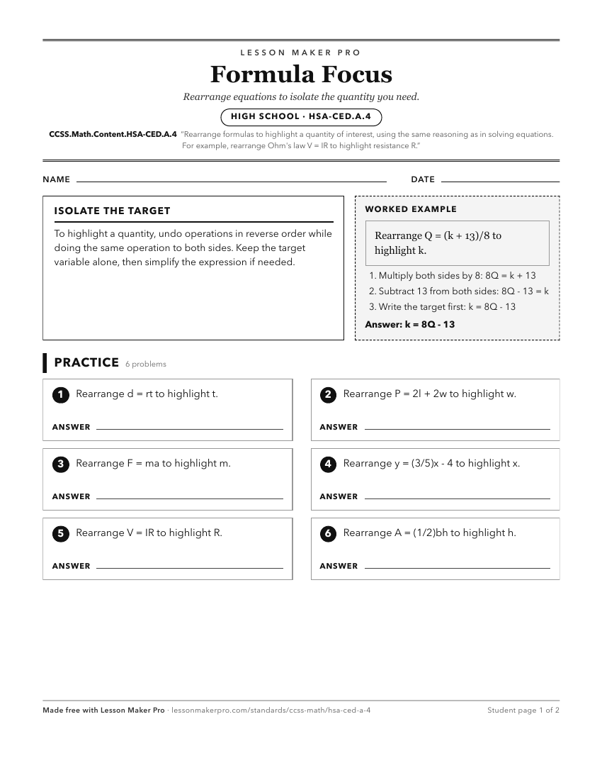 Preview of the CCSS.Math.Content.HSA-CED.A.4 printable worksheet
