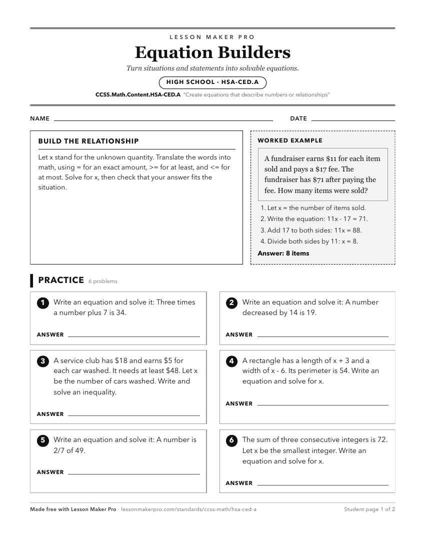 Preview of the CCSS.Math.Content.HSA-CED.A printable worksheet
