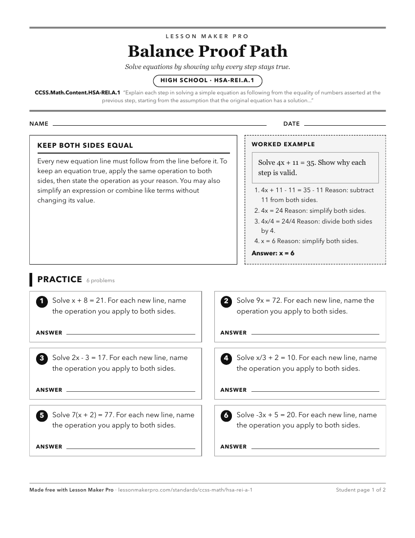 Preview of the CCSS.Math.Content.HSA-REI.A.1 printable worksheet