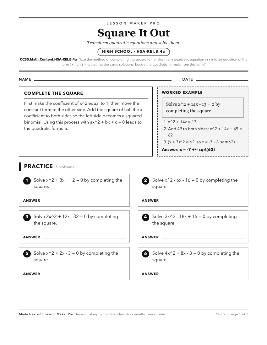 Preview of the CCSS.Math.Content.HSA-REI.B.4a printable worksheet