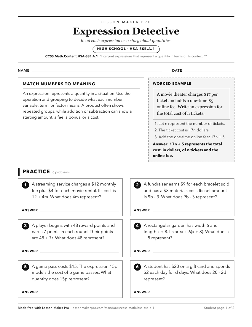 Preview of the CCSS.Math.Content.HSA-SSE.A.1 printable worksheet