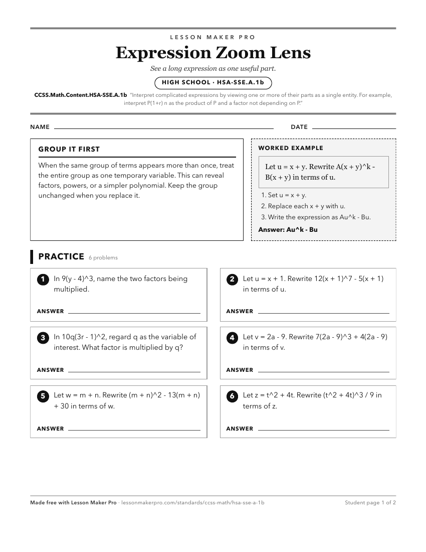 Preview of the CCSS.Math.Content.HSA-SSE.A.1b printable worksheet
