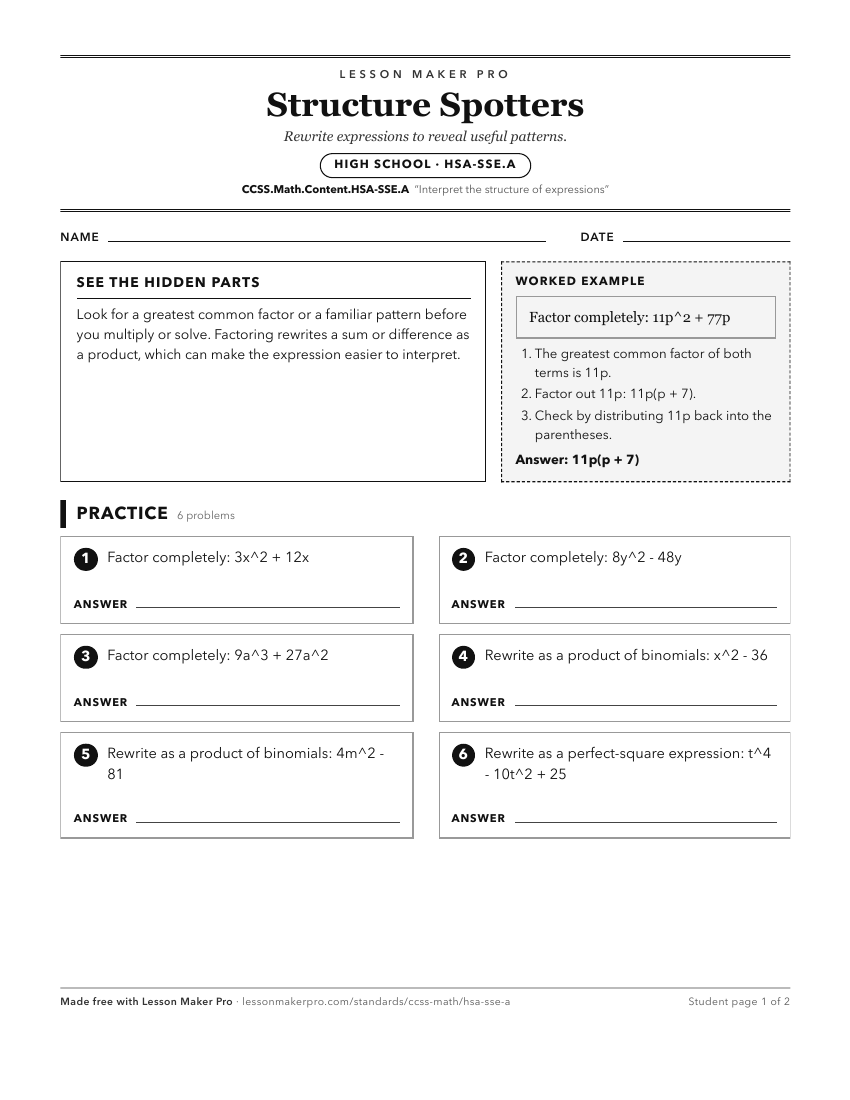 Preview of the CCSS.Math.Content.HSA-SSE.A printable worksheet