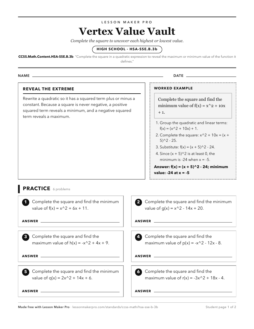 Preview of the CCSS.Math.Content.HSA-SSE.B.3b printable worksheet