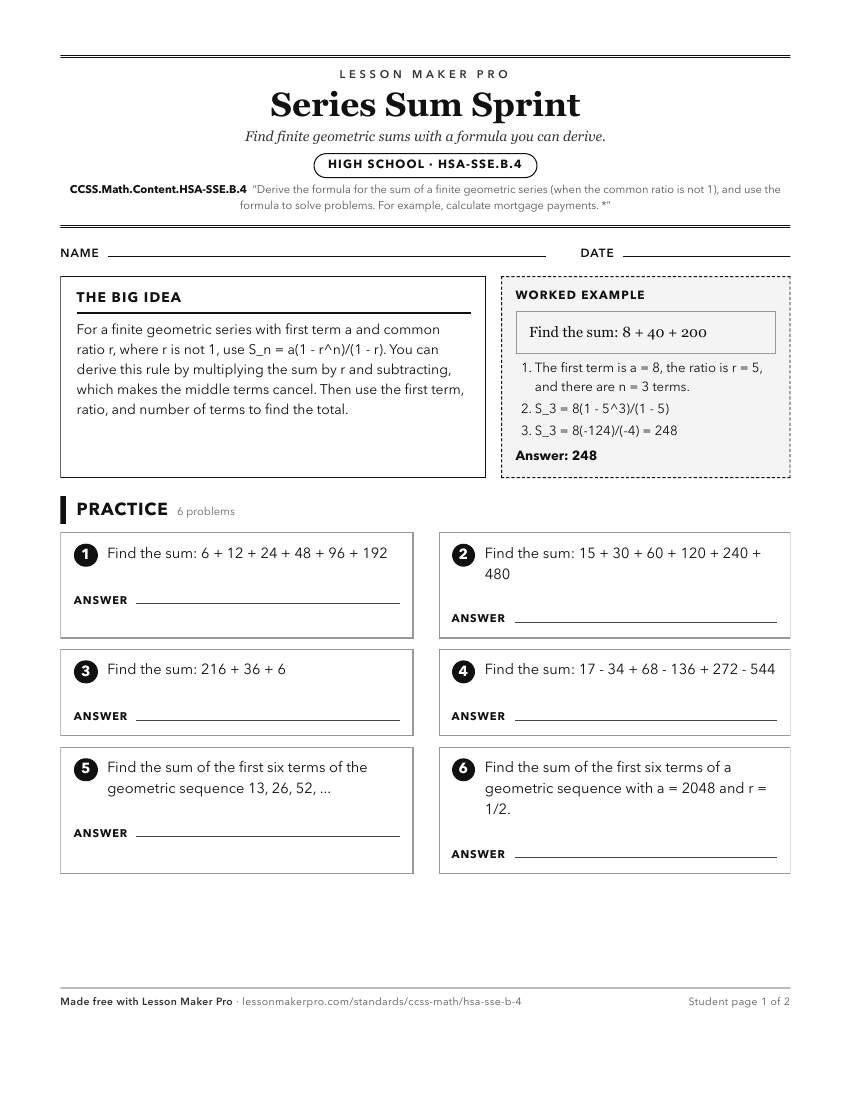 Preview of the CCSS.Math.Content.HSA-SSE.B.4 printable worksheet